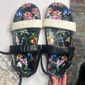 Johnny Was Black and Cream Floral Sandals
